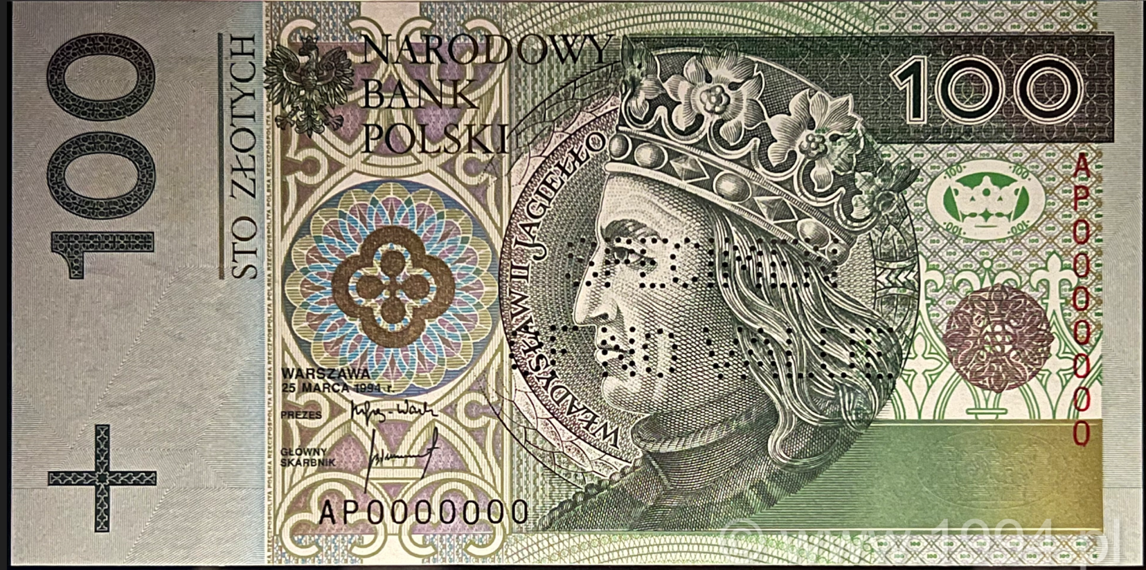 1994 Poland 100 Złoty AP Prefix — Perforated SPECIMEN OF NO VALUE (Wd)