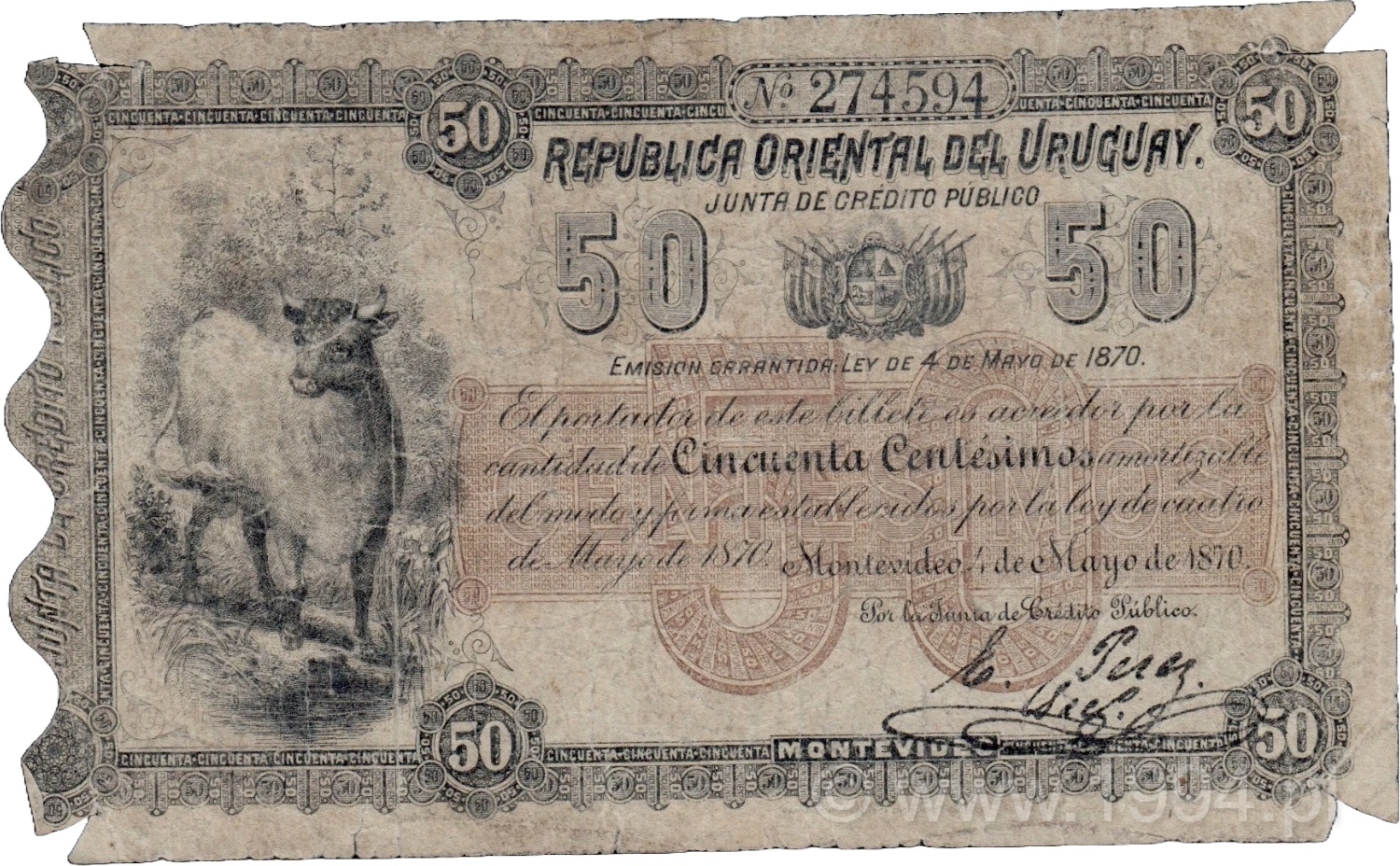 Uruguay 1870 — 50 Centesimos Cow Head